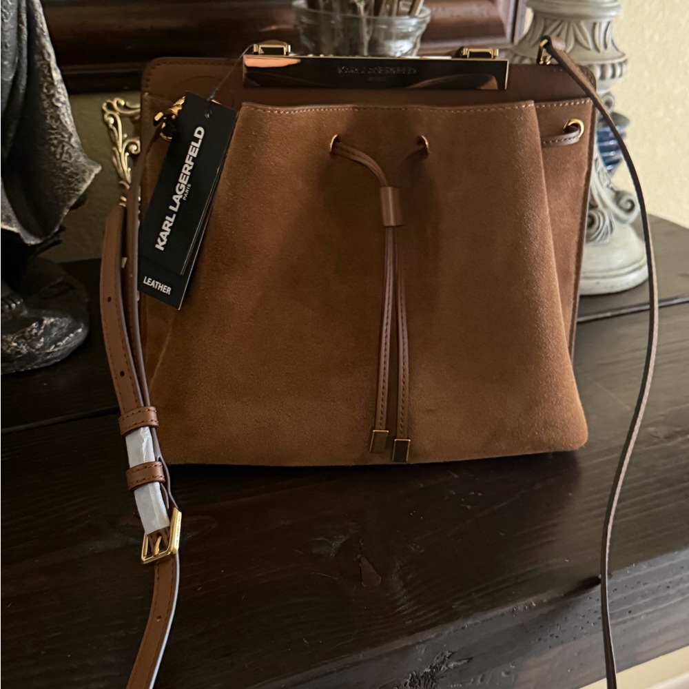 Karl Lagerfeld Tan Suede Drawstring Crossbody Bag with Gold Hardware